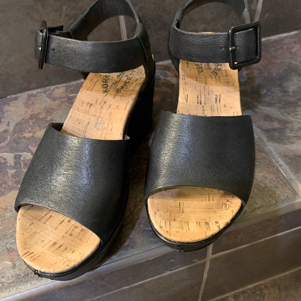 Kork-Ease Black Leather Cork Platform Ankle-Strap Sandals